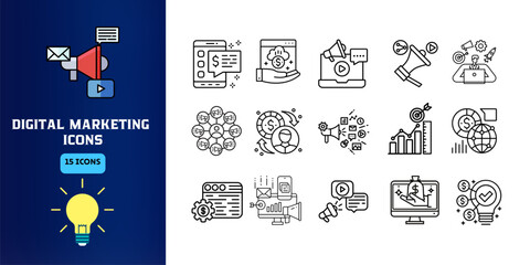 Digital Marketing Icons Concept Design on Blue and White Background Vector. Professional Digital Marketing Icon Set Banner. Technology, Business, Success, Management, Development, Sign, Strategy
