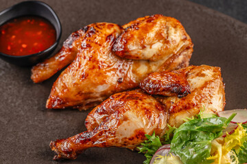 Fried Tobacco chicken. Food recipe background. Close up. top view