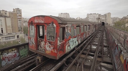 Obraz premium Abandoned graffiti-covered train car on elevated tracks