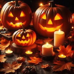Carved pumpkins with flickering candles and falling leaves