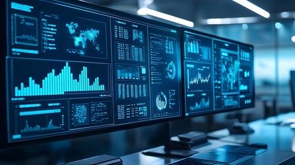 Modern office showcasing multiple computer monitors displaying real-time data visualizations and statistics. The monitors are arranged strategically, and the lighting creates a high-tech ambiance