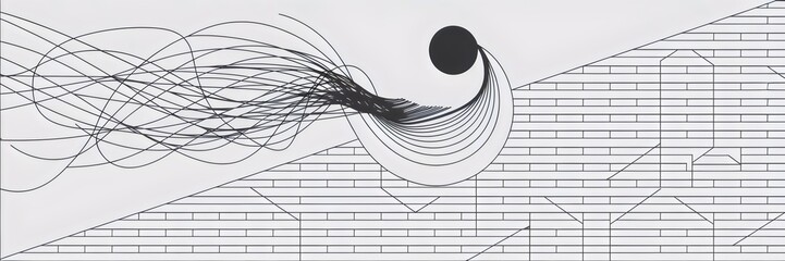 Illustration of lines fading into a perfect circle against a black-and-white geometric pattern – Shift from disorder to minimalist perfection