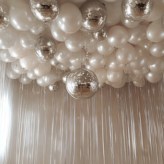 stunning ceiling decoration featuring silver disco balls and elegant white balloons, creating festive and glamorous atmosphere for celebrations. shimmering effect adds joyful touch