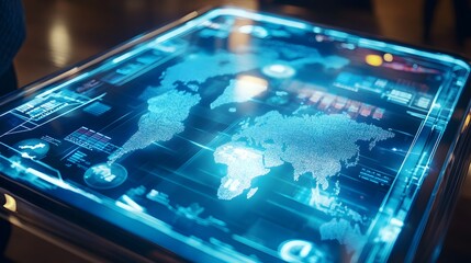 A high-tech futuristic interactive display, with a glowing digital world map