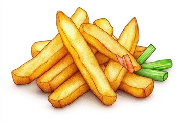 Golden crispy fries drizzled in rich creamy cheese sauce, garnished with fresh sliced green onions on a rustic wooden background