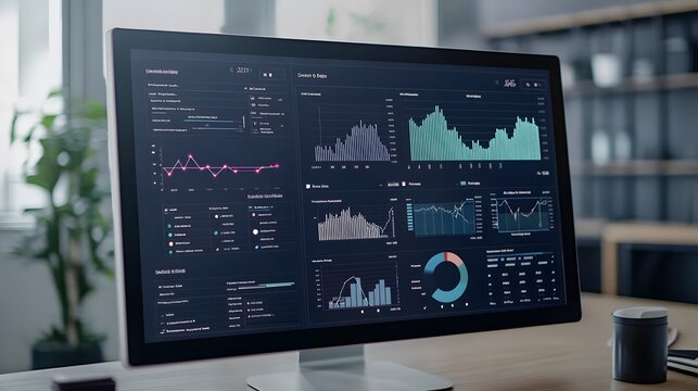 a detailed view of a computer monitor displaying complex charts and graphs, showcasing data analysis