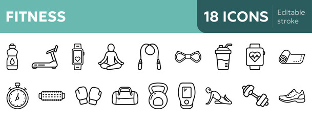 fitness icons for running, strength training, yoga, hydration, and recovery perfect for workout apps, gym logos and health platforms