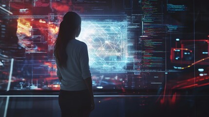 Obraz premium A person looks at tech interface and data. The scene has cool blue and red lights