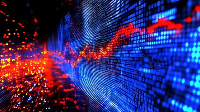 Abstract digital data stream with red and blue glowing particles showing a stock market graph. - Powered by Adobe