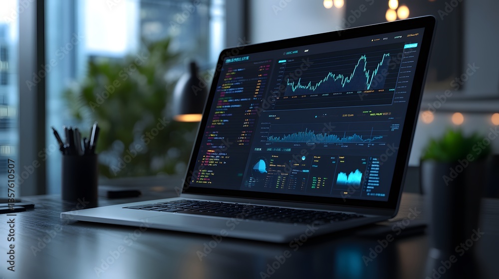 Poster a modern office setting with a laptop displaying stock charts and graphs