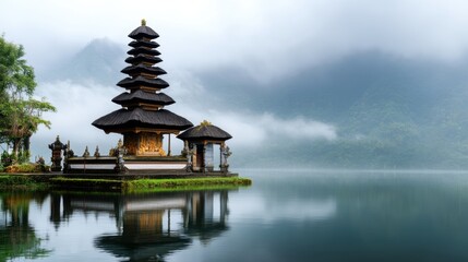 Obraz premium A tranquil scene featuring a traditional pagoda by a serene lake surrounded by misty mountains, perfect for travel blogs, meditation themes, or cultural articles,