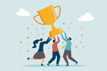 Team success achievement, winning trophy award together, celebrate team effort collaboration, teamwork motivation, ambition concept, business people colleague celebrate award winning trophy together.