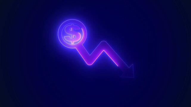 Cash with down arrow stocks graph animation with neon line. Cash with down arrow stocks graph. dollar icon. dollar sign loss direction graph.