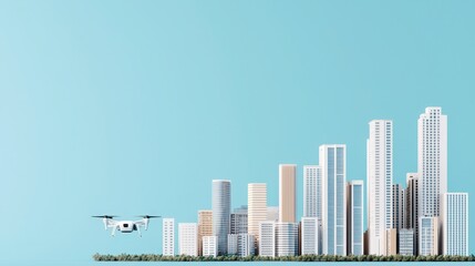 Naklejka premium Carbon-neutral cities renewable and innovation, A modern city skyline with a drone flying in the foreground, set against a clear blue sky, showcasing urban architecture and technology.
