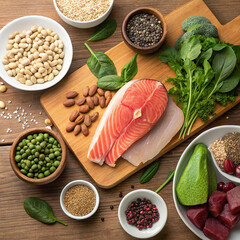 Balanced diet food background. Organic food for healthy nutrition, superfoods, meat, fish, legumes,...