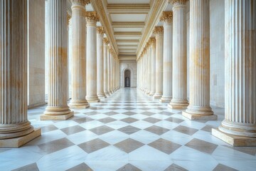 Majestic Columns and Checkered Flooring in a Grand Hall
