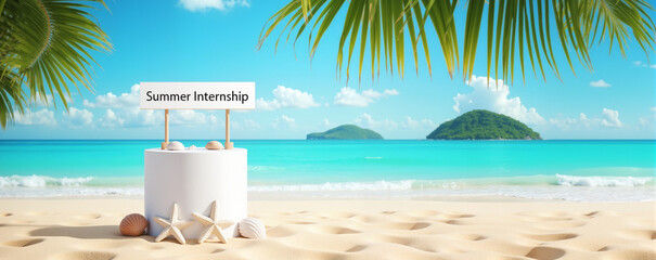 3D Beach Podium Display with Summer Banner – Professional Marketing Platform with Tropical Ocean Background for Summer Internship Recruitment and Job Search Campaigns