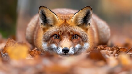 Fototapeta premium A close-up image of a red fox subtly blending into autumn leaves, showcasing its piercing eyes and soft fur, This image can be used for wildlife articles, nature-themed projects