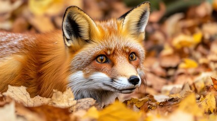 Fototapeta premium A close-up of a fox amidst vibrant autumn leaves, showcasing its striking fur and expressive eyes, Ideal for nature-themed projects, wildlife articles, or educational materials about ecosystems,
