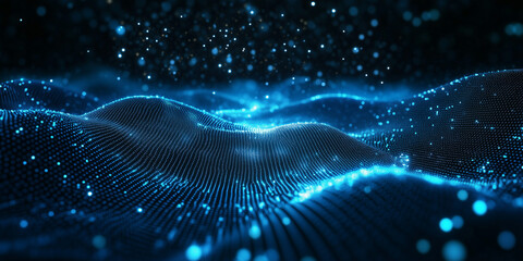 Blue glowing wave of digital particles