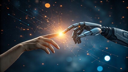 A Human helping hand Robot digital version, Touching virtual world, touch the finger of human on a dark blue background, artificial intelligence technology	