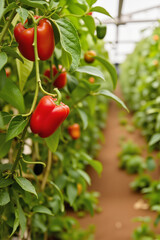 Agricultural Greenhouse with Red Bell Peppers &ndash; Vibrant Fresh Produce Growing in Organized Rows for Summer Internship Programs, Farm-to-Table Initiatives, and Job Search in Agriculture
