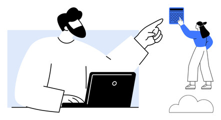 Man working on laptop points to coworker using a calculator while standing on a cloud. Ideal for teamwork, technology, leadership, goal setting, remote work, productivity, education. Flat simple