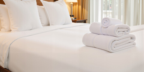 Luxury Hotel Bedding and Towels – Pristine White Linens with Professional Arrangement for Hospitality Industry, Resort Housekeeping, and Summer Job Opportunities