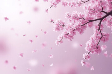 Fototapeta premium Delicate pink cherry blossoms gently sway against soft pink background, creating serene and tranquil atmosphere