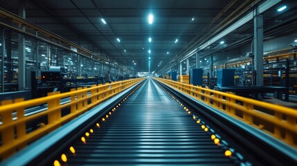 A long conveyor belt stretches through a spacious warehouse filled with neatly organized storage areas designed for logistics and freight handling.