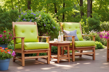 Obraz premium Charming Outdoor Cafe Seating Area – Wooden Deck with Comfortable Chairs and Colorful Garden for Summer Job Opportunities, Restaurant Hiring, and Seasonal Employment