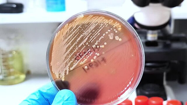 Footage, petri dish with colony of Gram-positive, to Gram-variable, nonmotile, Coccus, beta hemolysis, saprotrophic bacterium that belongs to the family Staphylococcus growth on blood agar.