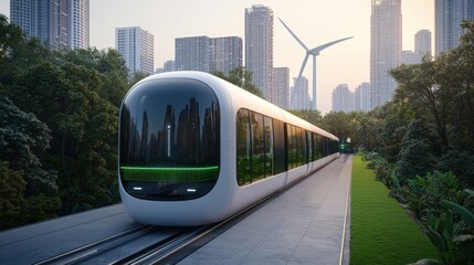 Naklejka premium Carbon-neutral cities renewable and innovation, A futuristic train station set in a lush urban landscape, featuring a sleek train and wind turbines amidst tall buildings.
