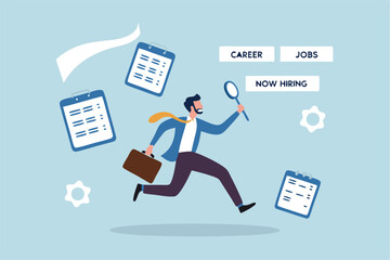 Job seeker, searching for new job, finding new work opportunity, discover vacancy, employment or human resource recruitment, hiring interview concept, businessman with magnifying glass finding job.