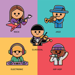 2d vector illustration icon cool entertainment cartoon character  music tools (Drum , Music Note , Headphones ,Microphone , Piano , Guitar ,Record) 
