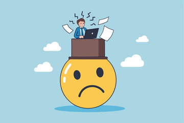 Unhappy employee, dissatisfied work, busy overworked or worried with anxiety depressed, miserable or disappointed career, anxious or burnout concept, unhappy office businessman working on upset face.