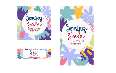 Spring Sale Banners – Colorful Spring Floral Design. Suitable For Social Media Post, Instagram Story And Web Ads. Cute Hand Drawn  Modern Design