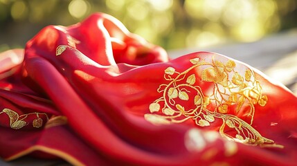 Vibrant red scarf with golden embroidery symbolizes youth and hope, evoking warmth and inspiration.
