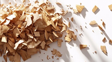 Wood shavings scattered on a white surface, creating an intricate texture and shadow play during afternoon light