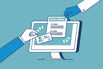 Job posting on recruitment website, employment or career opportunity online, HR or human resource offer help wanted or hiring position vacancy, HR hand posting job vacancy on online career website.