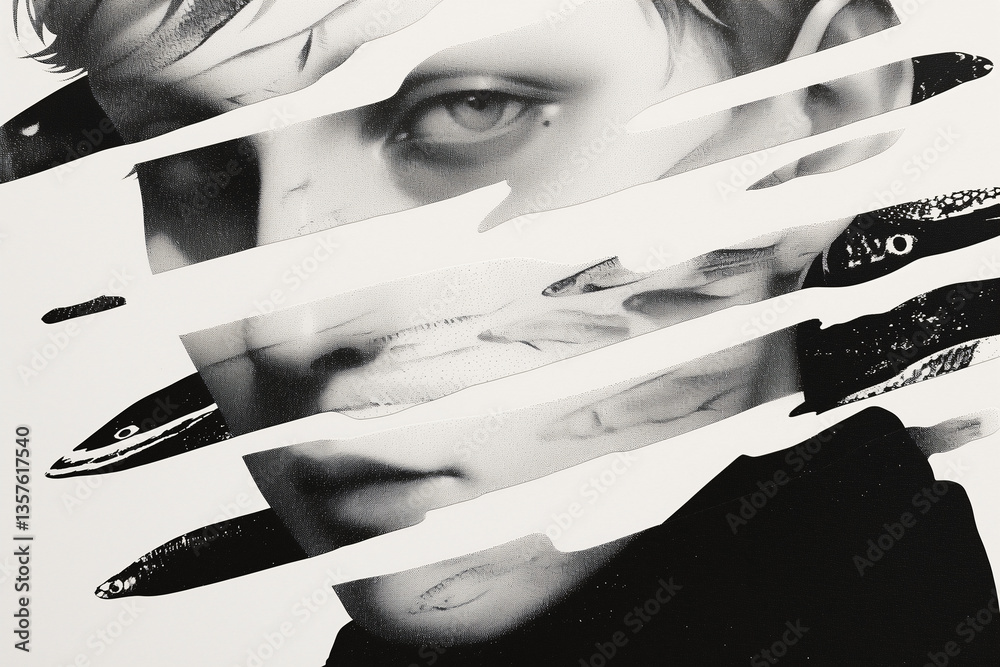 Poster abstract face fragment: a stark monochrome artistic representation of a face fragmented by horizonta