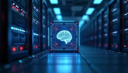 Obraz premium 3D rendering of a futuristic data center with a focus on a server rack containing a powerful AI processor. The processor is depicted as a glowing cube with a brain-like structure inside