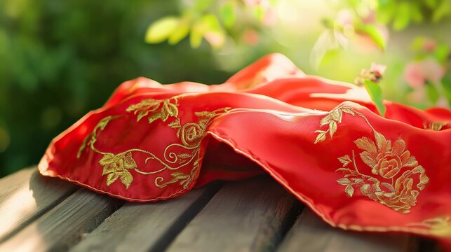 Vibrant red scarf with golden embroidery symbolizes youth and hope, evoking warmth and inspiration.
