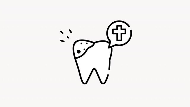 Animasi of a tooth with cavities and a speech bubble with a cross