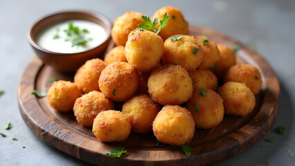 Close-up of Crispy Fried Chicken Bites with Creamy Dip on Rustic Wooden Platter - Gourmet Appetizer