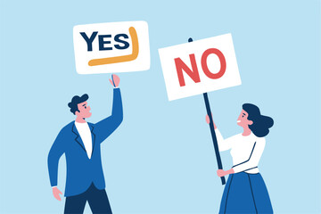 Yes, No argument or disagreement, conflict fight debate, dilemma, dispute or office rivalry war, struggle, negative discussion concept, businessman and woman arguing or fight with yes and no sign.