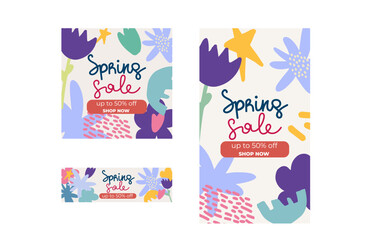 Spring Sale Banners – Colorful Spring Floral Design. Suitable For Social Media Post, Instagram Story And Web Ads. Cute Hand Drawn  Modern Design