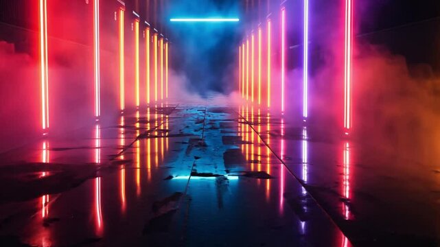 Neon corridor with colorful lights and fog footage