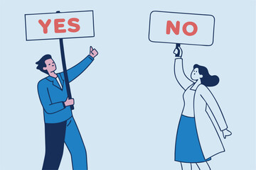 Yes, No argument or disagreement, conflict fight debate, dilemma, dispute or office rivalry war, struggle, negative discussion concept, businessman and woman arguing or fight with yes and no sign.