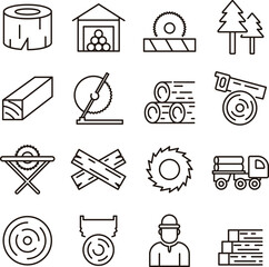 Lumberjack icon set. Includes of woodcutter, logger, forester, axeman, sawmill, chainsaw, woodworker, and More. Outline icons vector collection